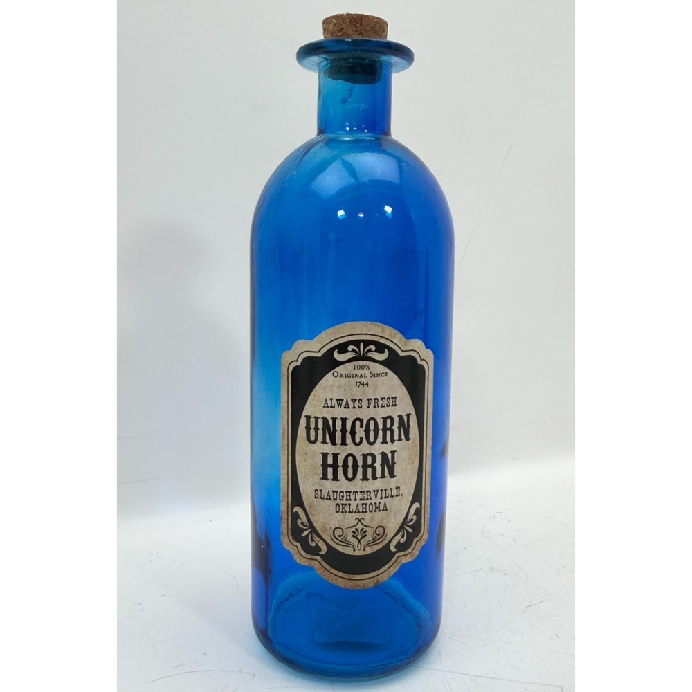 Halloween Unicorn Horn Potion Bottle Cobalt Blue Glass Cork Apothecary 8.5"